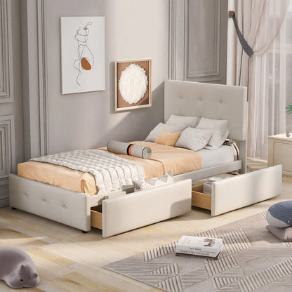 Polsterbett 90 x 200 cm Bett mit Lattenrost, Rückenlehne und zwei Schubladen, hautfreundlicher Samtstoff Beige flaches Einzelbett Kinderbett Jugendbett Gästebett