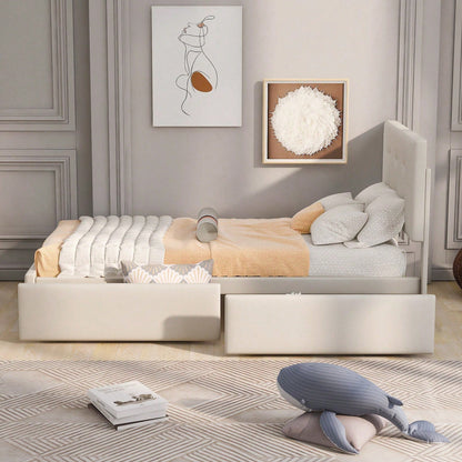 Polsterbett 90 x 200 cm Bett mit Lattenrost, Rückenlehne und zwei Schubladen, hautfreundlicher Samtstoff Beige flaches Einzelbett Kinderbett Jugendbett Gästebett