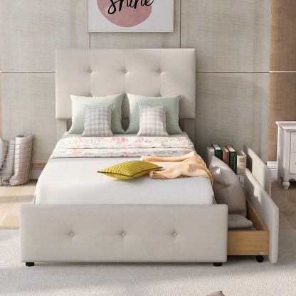 Polsterbett 90 x 200 cm Bett mit Lattenrost, Rückenlehne und zwei Schubladen, hautfreundlicher Samtstoff Beige flaches Einzelbett Kinderbett Jugendbett Gästebett
