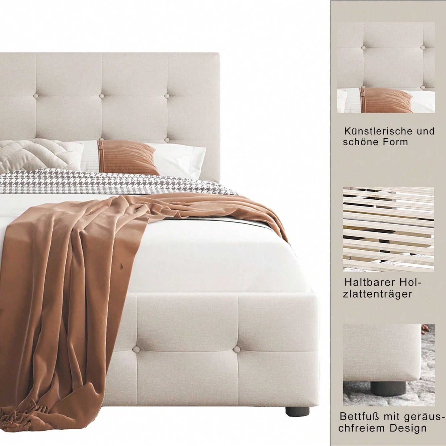 Polsterbett 90 x 200 cm Bett mit Lattenrost, Rückenlehne und zwei Schubladen, hautfreundlicher Samtstoff Beige flaches Einzelbett Kinderbett Jugendbett Gästebett