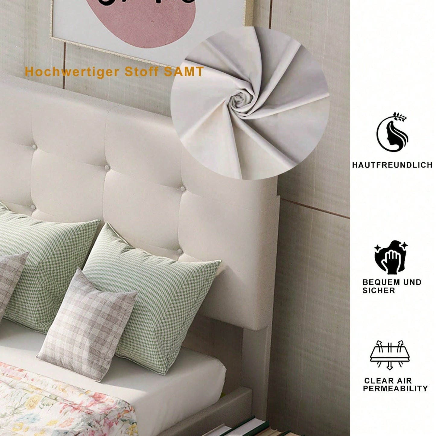 Polsterbett 90 x 200 cm Bett mit Lattenrost, Rückenlehne und zwei Schubladen, hautfreundlicher Samtstoff Beige flaches Einzelbett Kinderbett Jugendbett Gästebett