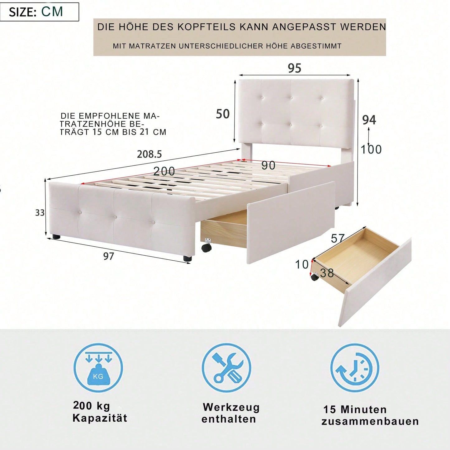 Polsterbett 90 x 200 cm Bett mit Lattenrost, Rückenlehne und zwei Schubladen, hautfreundlicher Samtstoff Beige flaches Einzelbett Kinderbett Jugendbett Gästebett