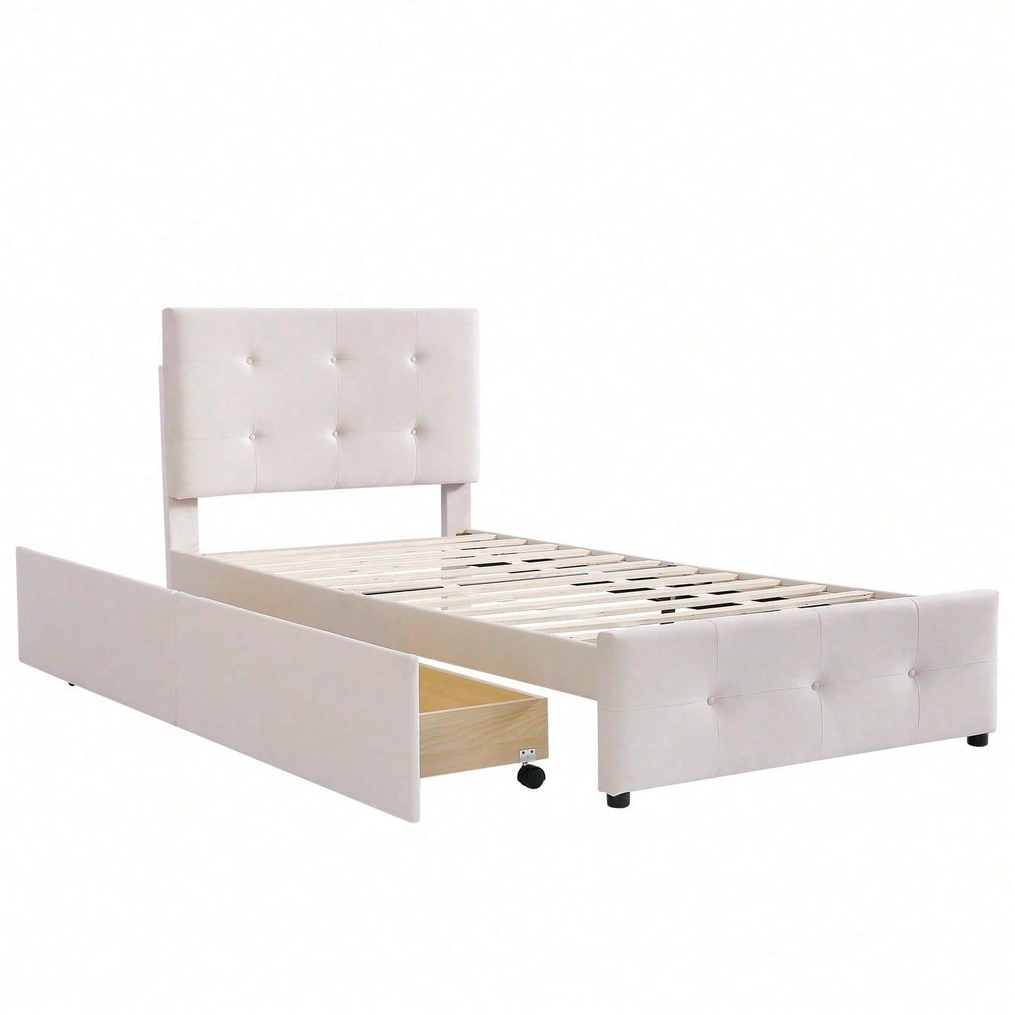 Polsterbett 90 x 200 cm Bett mit Lattenrost, Rückenlehne und zwei Schubladen, hautfreundlicher Samtstoff Beige flaches Einzelbett Kinderbett Jugendbett Gästebett