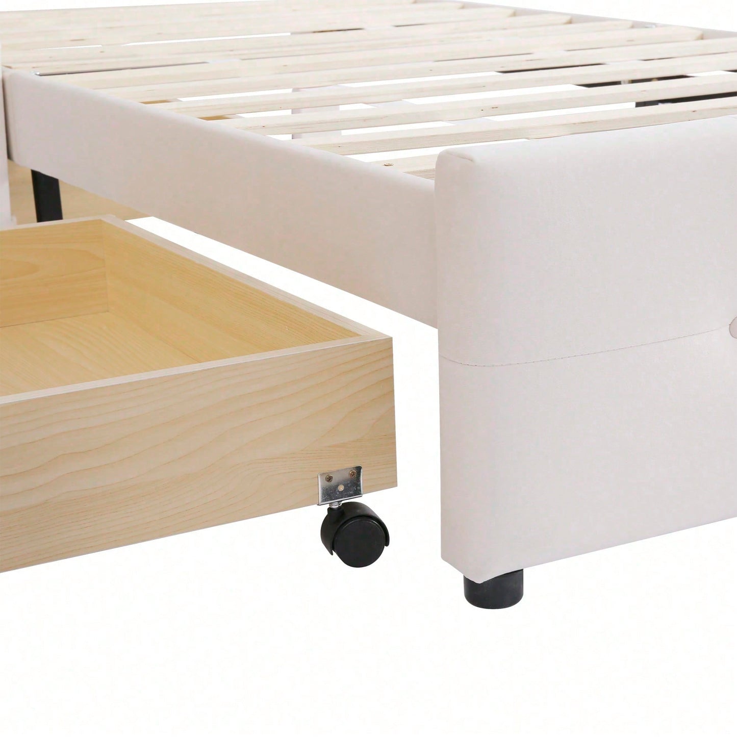 Polsterbett 90 x 200 cm Bett mit Lattenrost, Rückenlehne und zwei Schubladen, hautfreundlicher Samtstoff Beige flaches Einzelbett Kinderbett Jugendbett Gästebett