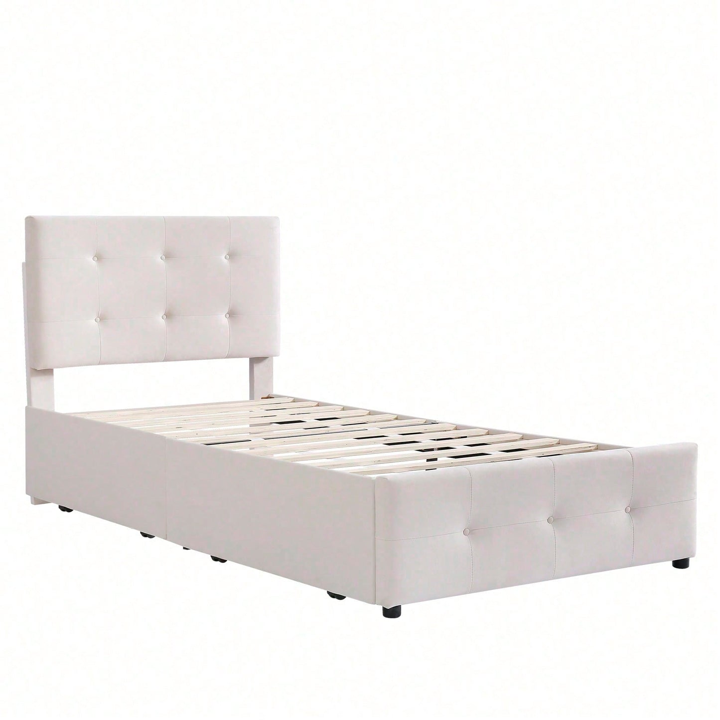 Polsterbett 90 x 200 cm Bett mit Lattenrost, Rückenlehne und zwei Schubladen, hautfreundlicher Samtstoff Beige flaches Einzelbett Kinderbett Jugendbett Gästebett