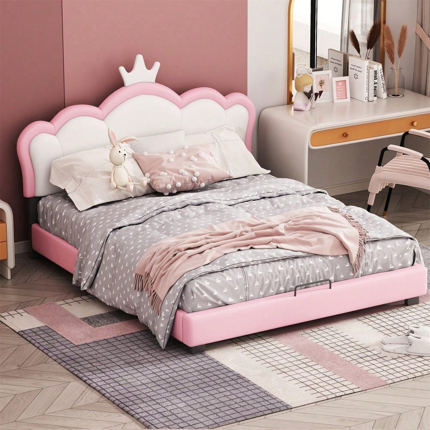 Kinderbett Polsterbett 140*200cm mit Lattenrosten und Rückenlehne, Mädchenbett mit Kronenformung, rosa(Matratze nicht enthaltet)