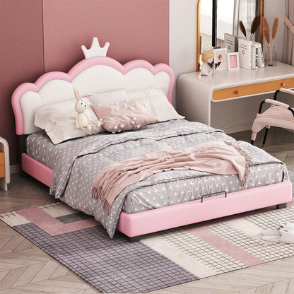 Kinderbett Polsterbett 140*200cm mit Lattenrosten und Rückenlehne, Mädchenbett mit Kronenformung, rosa(Matratze nicht enthaltet)