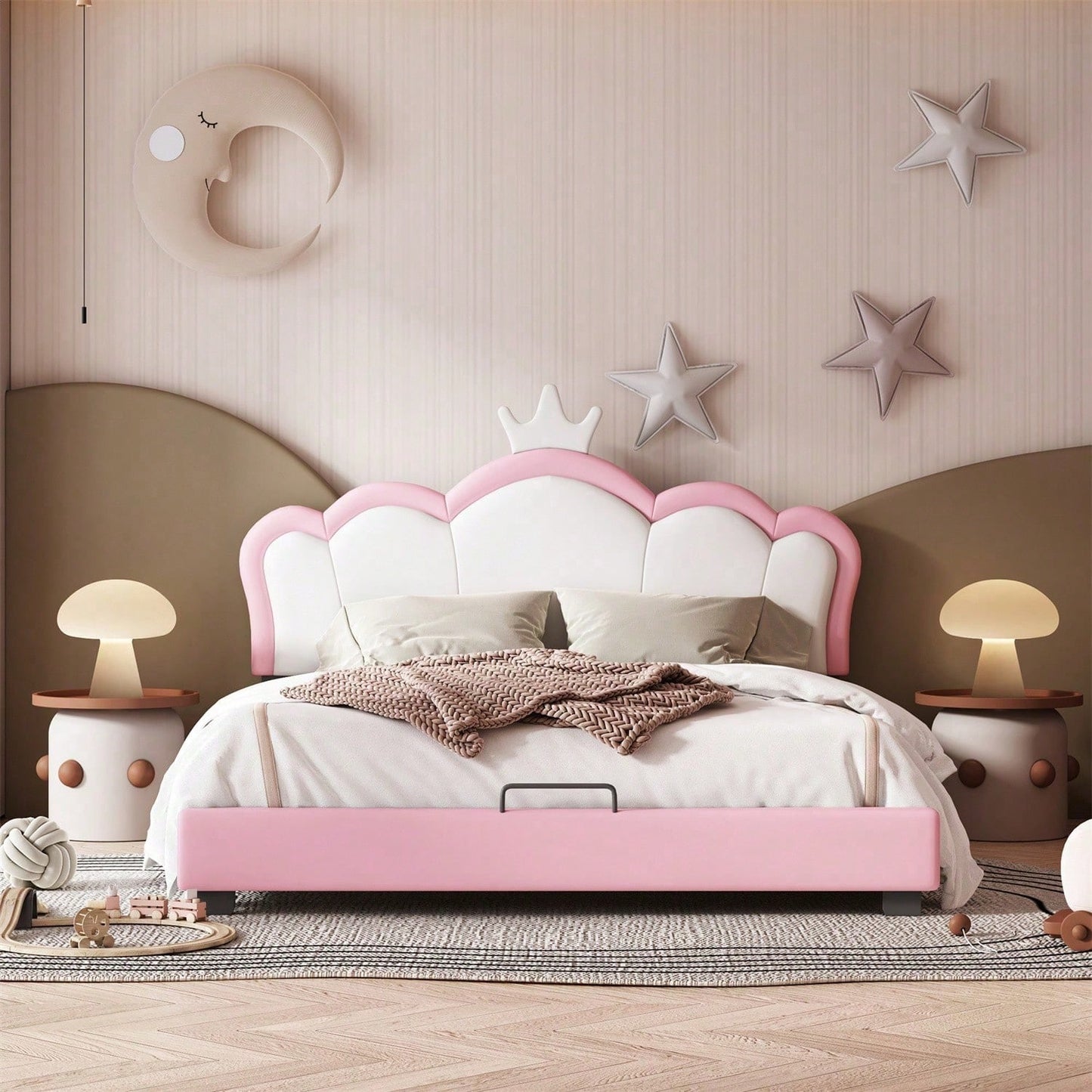 Kinderbett Polsterbett 140*200cm mit Lattenrosten und Rückenlehne, Mädchenbett mit Kronenformung, rosa(Matratze nicht enthaltet)