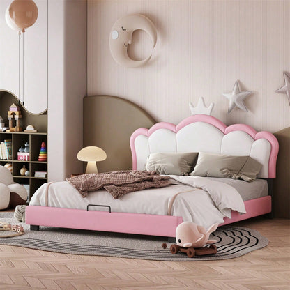 Kinderbett Polsterbett 140*200cm mit Lattenrosten und Rückenlehne, Mädchenbett mit Kronenformung, rosa(Matratze nicht enthaltet)