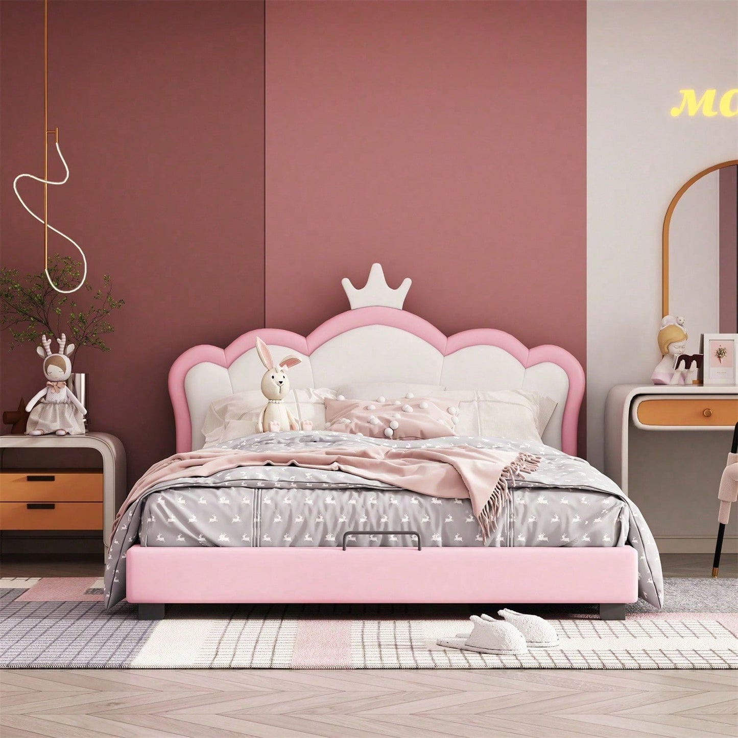 Kinderbett Polsterbett 140*200cm mit Lattenrosten und Rückenlehne, Mädchenbett mit Kronenformung, rosa(Matratze nicht enthaltet)