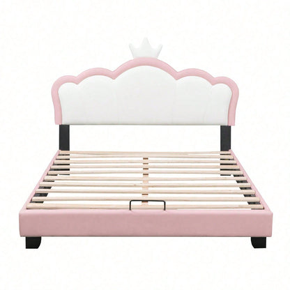 Kinderbett Polsterbett 140*200cm mit Lattenrosten und Rückenlehne, Mädchenbett mit Kronenformung, rosa(Matratze nicht enthaltet)