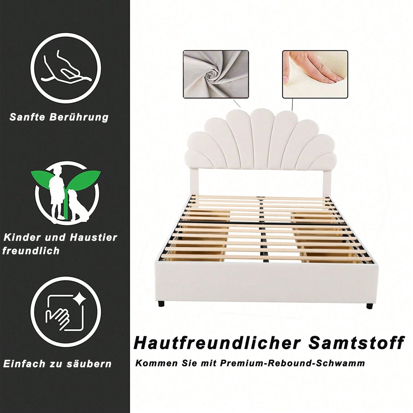 Polsterbett 140 x 200 cm, Bettrahmen mit blütenförmigem Kopfteil und Lattenrost, mit Ablagefächern, Jugendbett Erwachsenenbett Doppelbett, hautfreundlicher Samtstoff, Beige