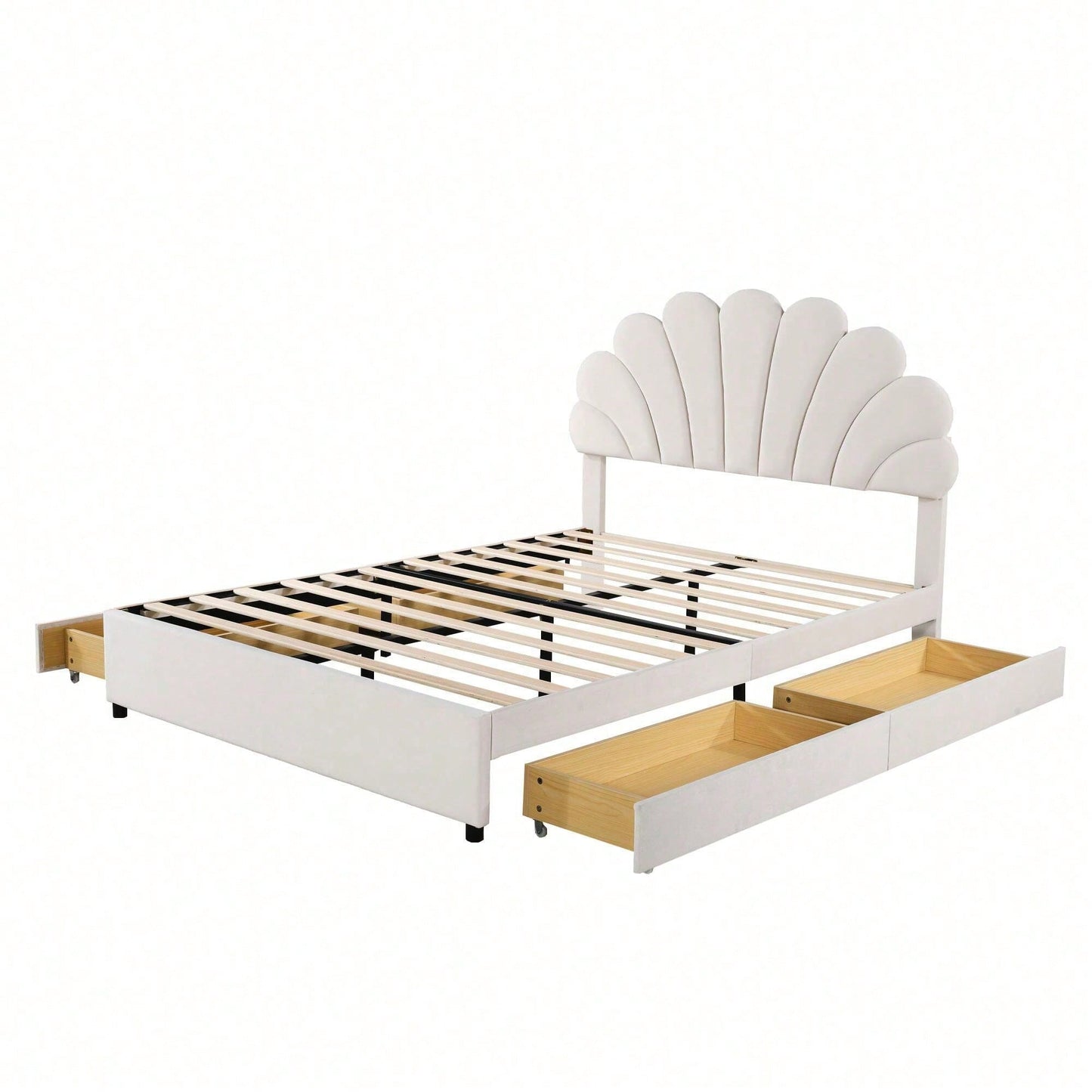 Polsterbett 140 x 200 cm, Bettrahmen mit blütenförmigem Kopfteil und Lattenrost, mit Ablagefächern, Jugendbett Erwachsenenbett Doppelbett, hautfreundlicher Samtstoff, Beige