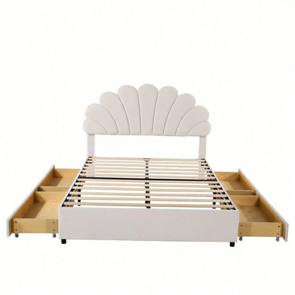 Polsterbett 140 x 200 cm, Bettrahmen mit blütenförmigem Kopfteil und Lattenrost, mit Ablagefächern, Jugendbett Erwachsenenbett Doppelbett, hautfreundlicher Samtstoff, Beige