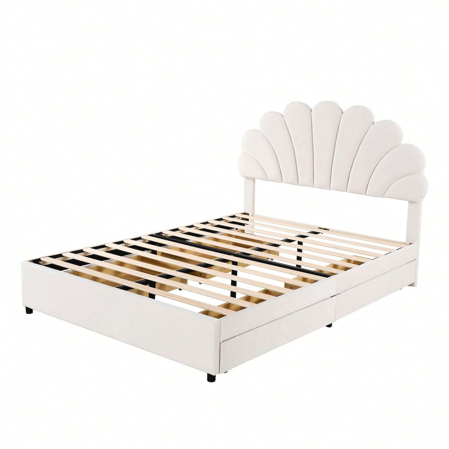 Polsterbett 140 x 200 cm, Bettrahmen mit blütenförmigem Kopfteil und Lattenrost, mit Ablagefächern, Jugendbett Erwachsenenbett Doppelbett, hautfreundlicher Samtstoff, Beige
