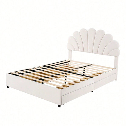 Polsterbett 140 x 200 cm, Bettrahmen mit blütenförmigem Kopfteil und Lattenrost, mit Ablagefächern, Jugendbett Erwachsenenbett Doppelbett, hautfreundlicher Samtstoff, Beige