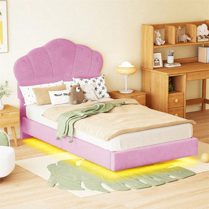 Polsterbett 90*200 cm, mit LED-Lichtleiste, Wolkenförmiges Kopfteil, Verstecktes Fußteil-Design, Kinderbett, Jungen- und Mädchenbett, Jugendbett, Samtstoff, Beige