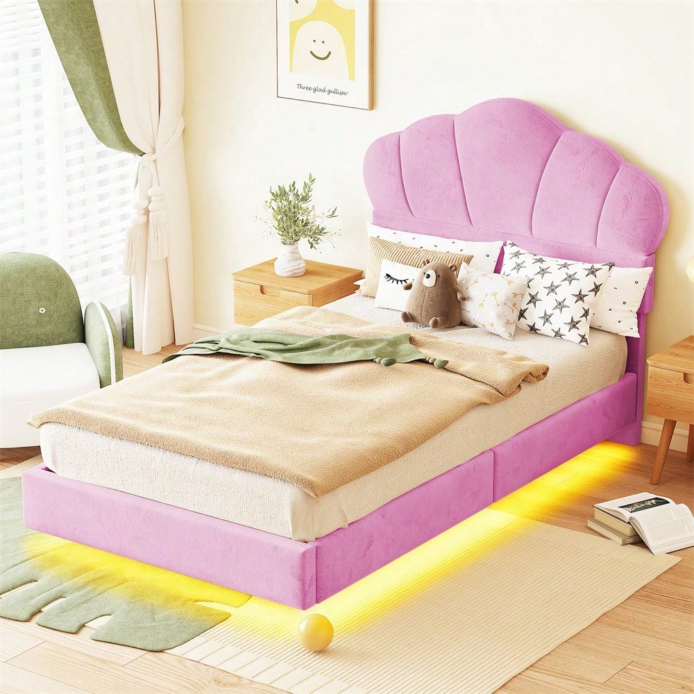 Polsterbett 90*200 cm, mit LED-Lichtleiste, Wolkenförmiges Kopfteil, Verstecktes Fußteil-Design, Kinderbett, Jungen- und Mädchenbett, Jugendbett, Samtstoff, Beige