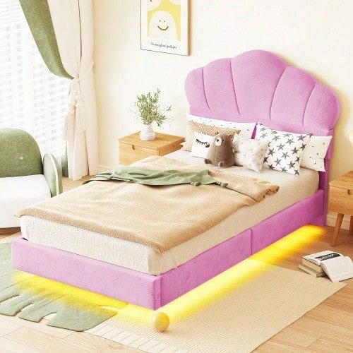Polsterbett 90*200 cm, mit LED-Lichtleiste, Wolkenförmiges Kopfteil, Verstecktes Fußteil-Design, Kinderbett, Jungen- und Mädchenbett, Jugendbett, Samtstoff, Beige