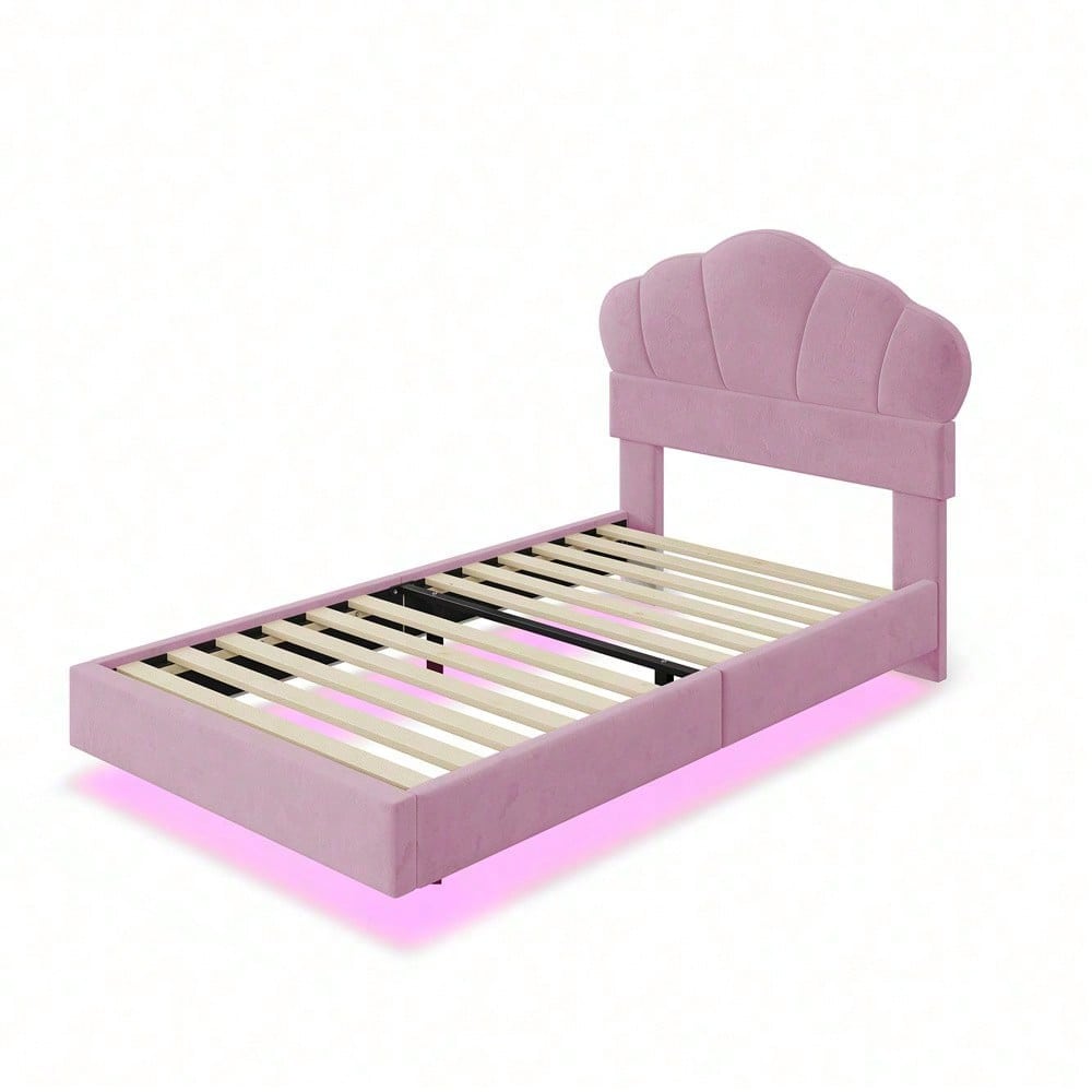 Polsterbett 90*200 cm, mit LED-Lichtleiste, Wolkenförmiges Kopfteil, Verstecktes Fußteil-Design, Kinderbett, Jungen- und Mädchenbett, Jugendbett, Samtstoff, Beige