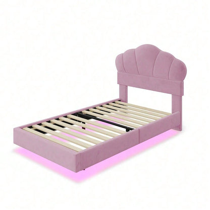 Polsterbett 90*200 cm, mit LED-Lichtleiste, Wolkenförmiges Kopfteil, Verstecktes Fußteil-Design, Kinderbett, Jungen- und Mädchenbett, Jugendbett, Samtstoff, Beige