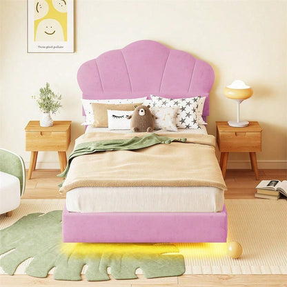 Polsterbett 90*200 cm, mit LED-Lichtleiste, Wolkenförmiges Kopfteil, Verstecktes Fußteil-Design, Kinderbett, Jungen- und Mädchenbett, Jugendbett, Samtstoff, Beige