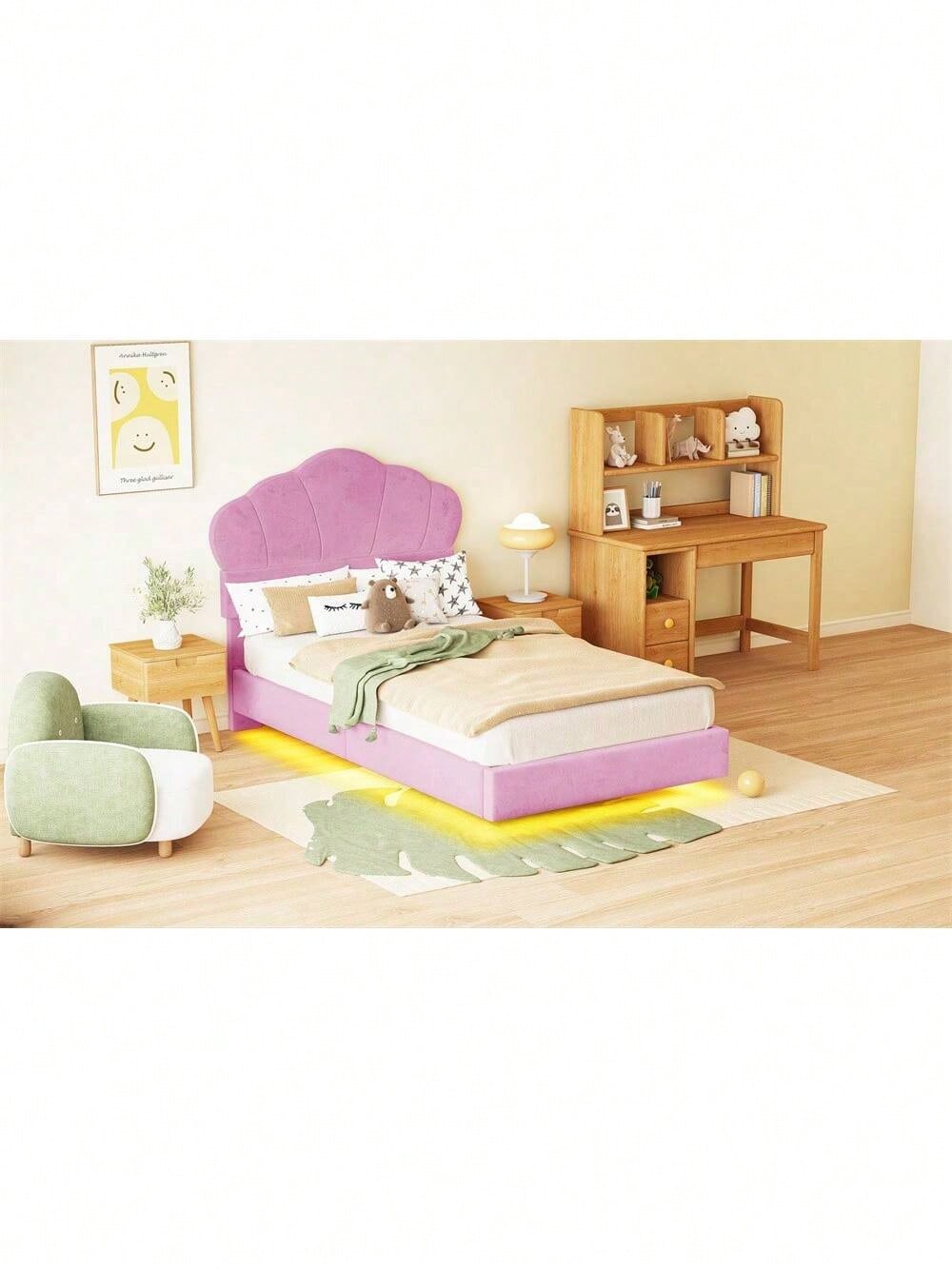 Polsterbett 90*200 cm, mit LED-Lichtleiste, Wolkenförmiges Kopfteil, Verstecktes Fußteil-Design, Kinderbett, Jungen- und Mädchenbett, Jugendbett, Samtstoff, Beige