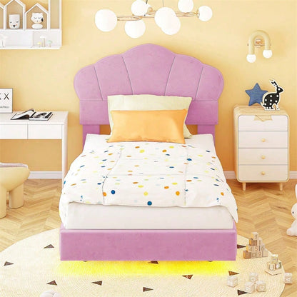 Polsterbett 90*200 cm, mit LED-Lichtleiste, Wolkenförmiges Kopfteil, Verstecktes Fußteil-Design, Kinderbett, Jungen- und Mädchenbett, Jugendbett, Samtstoff, Beige