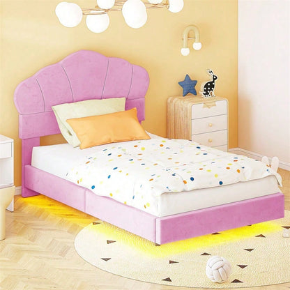 Polsterbett 90*200 cm, mit LED-Lichtleiste, Wolkenförmiges Kopfteil, Verstecktes Fußteil-Design, Kinderbett, Jungen- und Mädchenbett, Jugendbett, Samtstoff, Beige