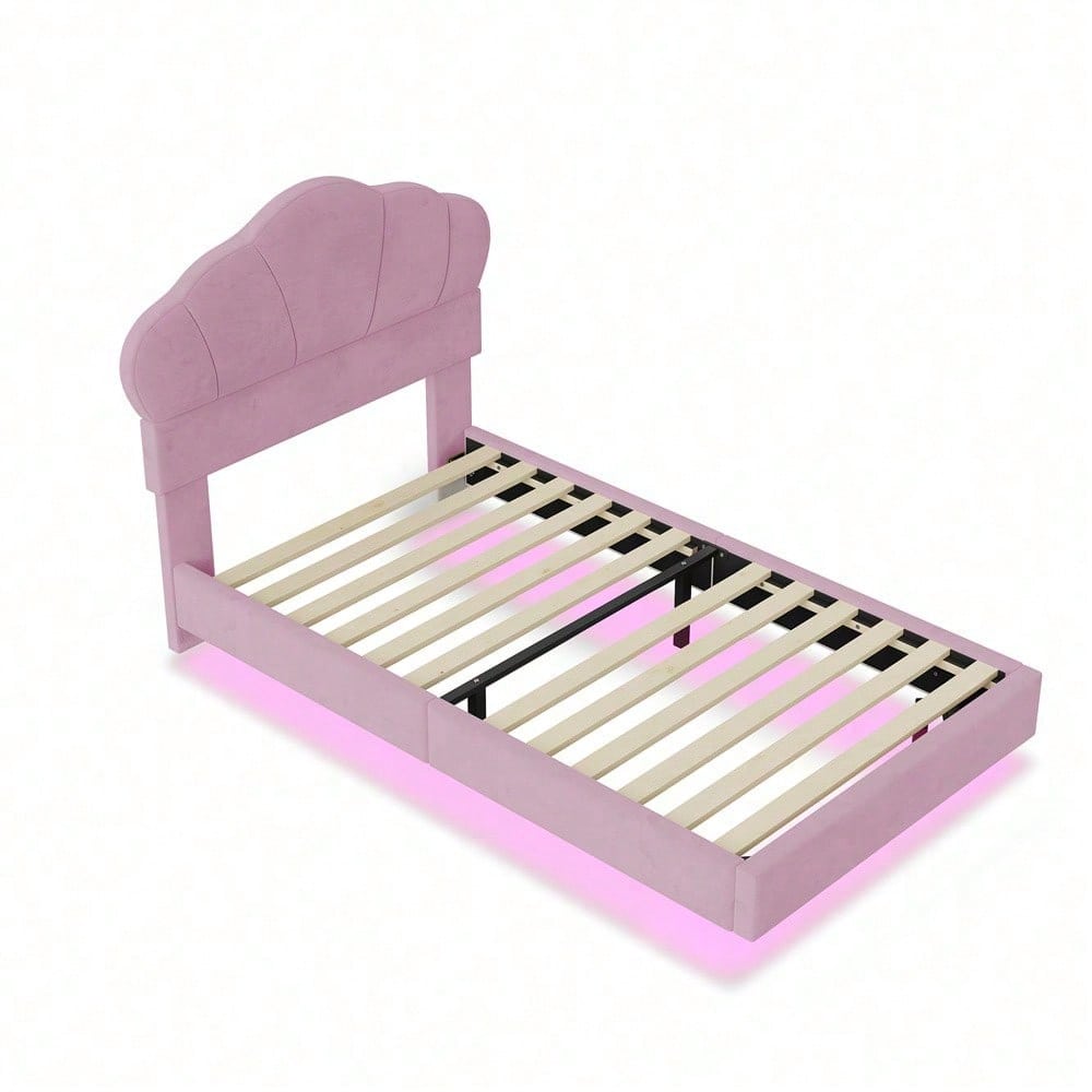Polsterbett 90*200 cm, mit LED-Lichtleiste, Wolkenförmiges Kopfteil, Verstecktes Fußteil-Design, Kinderbett, Jungen- und Mädchenbett, Jugendbett, Samtstoff, Beige