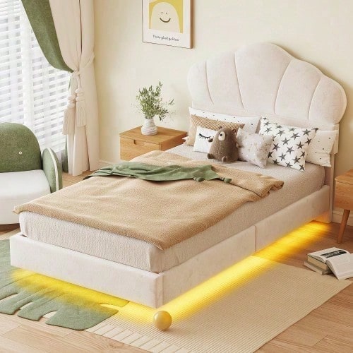 Polsterbett 90*200 cm, mit LED-Lichtleiste, Wolkenförmiges Kopfteil, Verstecktes Fußteil-Design, Kinderbett, Jungen- und Mädchenbett, Jugendbett, Samtstoff, Beige