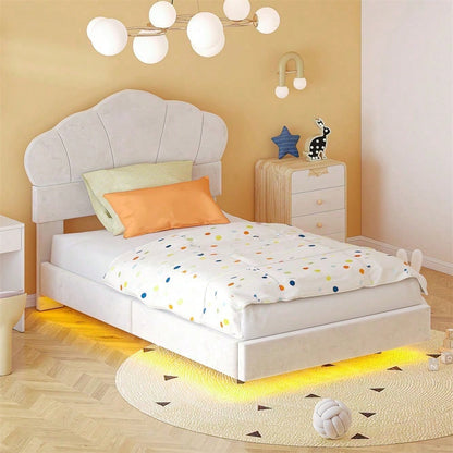 Polsterbett 90*200 cm, mit LED-Lichtleiste, Wolkenförmiges Kopfteil, Verstecktes Fußteil-Design, Kinderbett, Jungen- und Mädchenbett, Jugendbett, Samtstoff, Beige