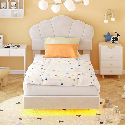 Polsterbett 90*200 cm, mit LED-Lichtleiste, Wolkenförmiges Kopfteil, Verstecktes Fußteil-Design, Kinderbett, Jungen- und Mädchenbett, Jugendbett, Samtstoff, Beige