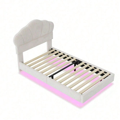 Polsterbett 90*200 cm, mit LED-Lichtleiste, Wolkenförmiges Kopfteil, Verstecktes Fußteil-Design, Kinderbett, Jungen- und Mädchenbett, Jugendbett, Samtstoff, Beige