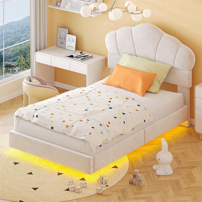 Polsterbett 90*200 cm, mit LED-Lichtleiste, Wolkenförmiges Kopfteil, Verstecktes Fußteil-Design, Kinderbett, Jungen- und Mädchenbett, Jugendbett, Samtstoff, Beige