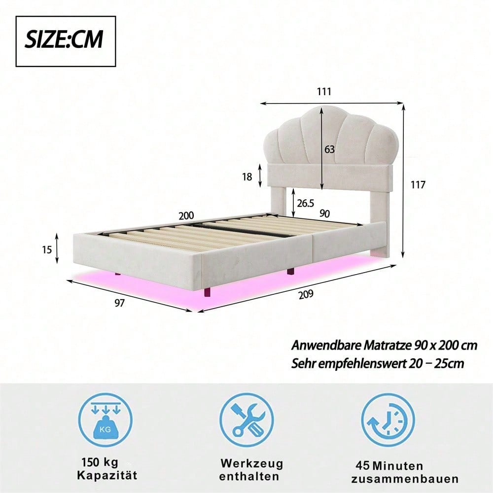 Polsterbett 90*200 cm, mit LED-Lichtleiste, Wolkenförmiges Kopfteil, Verstecktes Fußteil-Design, Kinderbett, Jungen- und Mädchenbett, Jugendbett, Samtstoff, Beige