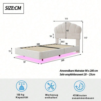 Polsterbett 90*200 cm, mit LED-Lichtleiste, Wolkenförmiges Kopfteil, Verstecktes Fußteil-Design, Kinderbett, Jungen- und Mädchenbett, Jugendbett, Samtstoff, Beige