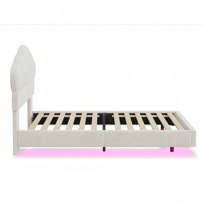 Polsterbett 90*200 cm, mit LED-Lichtleiste, Wolkenförmiges Kopfteil, Verstecktes Fußteil-Design, Kinderbett, Jungen- und Mädchenbett, Jugendbett, Samtstoff, Beige
