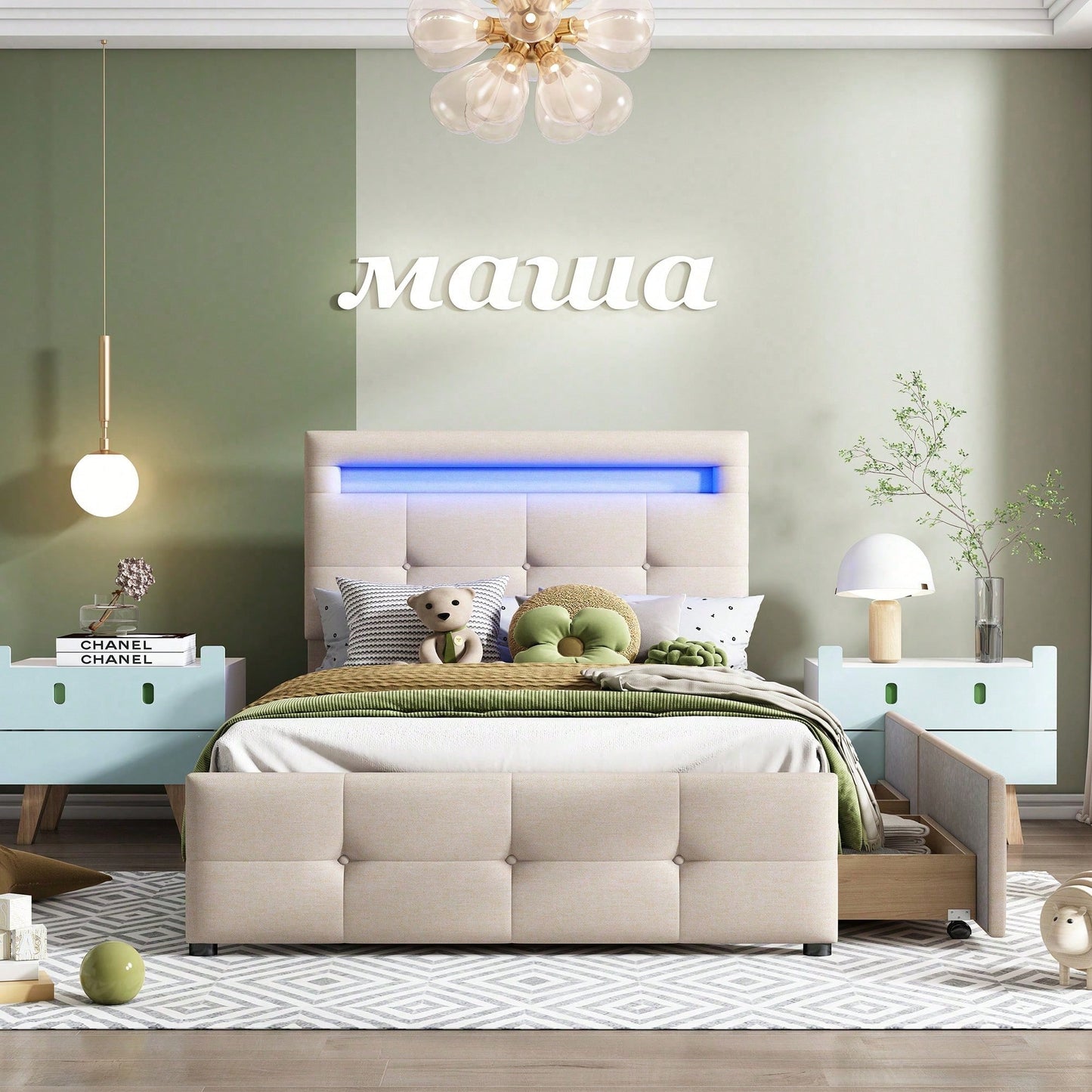 Polsterbett 90*200cm mit LED-Leuchten, 2 Schubladen, hautfreundlicher Leinenpolsterung flach Einzelbett Kinderbett Jugendbett Gästebett (Beige)