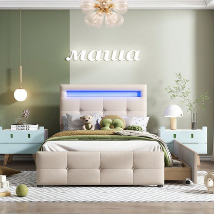 Polsterbett 90*200cm mit LED-Leuchten, 2 Schubladen, hautfreundlicher Leinenpolsterung flach Einzelbett Kinderbett Jugendbett Gästebett (Beige)
