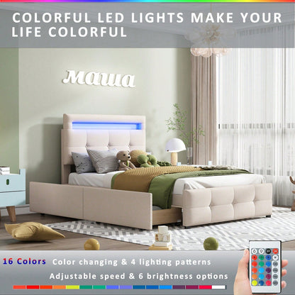 Polsterbett 90*200cm mit LED-Leuchten, 2 Schubladen, hautfreundlicher Leinenpolsterung flach Einzelbett Kinderbett Jugendbett Gästebett (Beige)