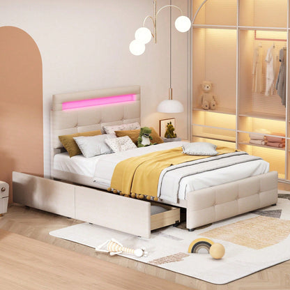 Polsterbett 90*200cm mit LED-Leuchten, 2 Schubladen, hautfreundlicher Leinenpolsterung flach Einzelbett Kinderbett Jugendbett Gästebett (Beige)