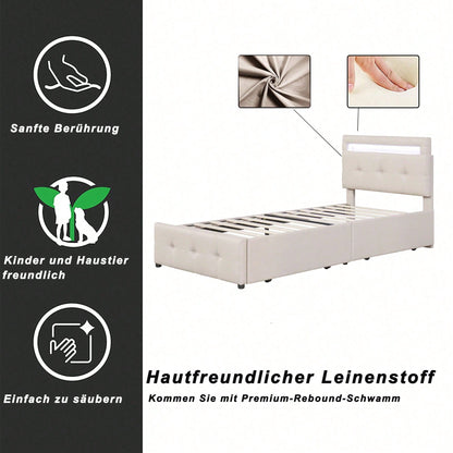 Polsterbett 90*200cm mit LED-Leuchten, 2 Schubladen, hautfreundlicher Leinenpolsterung flach Einzelbett Kinderbett Jugendbett Gästebett (Beige)