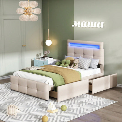 Polsterbett 90*200cm mit LED-Leuchten, 2 Schubladen, hautfreundlicher Leinenpolsterung flach Einzelbett Kinderbett Jugendbett Gästebett (Beige)