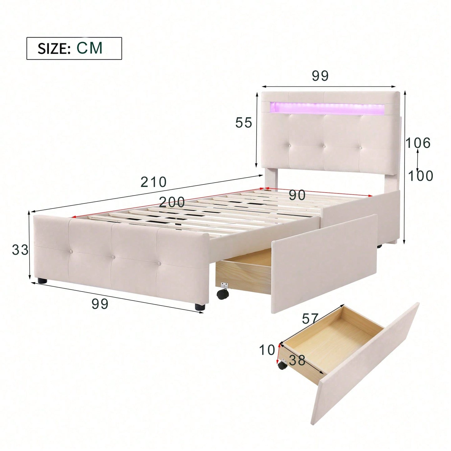 Polsterbett 90*200cm mit LED-Leuchten, 2 Schubladen, hautfreundlicher Leinenpolsterung flach Einzelbett Kinderbett Jugendbett Gästebett (Beige)