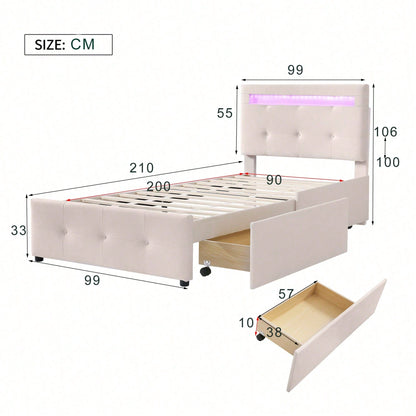 Polsterbett 90*200cm mit LED-Leuchten, 2 Schubladen, hautfreundlicher Leinenpolsterung flach Einzelbett Kinderbett Jugendbett Gästebett (Beige)