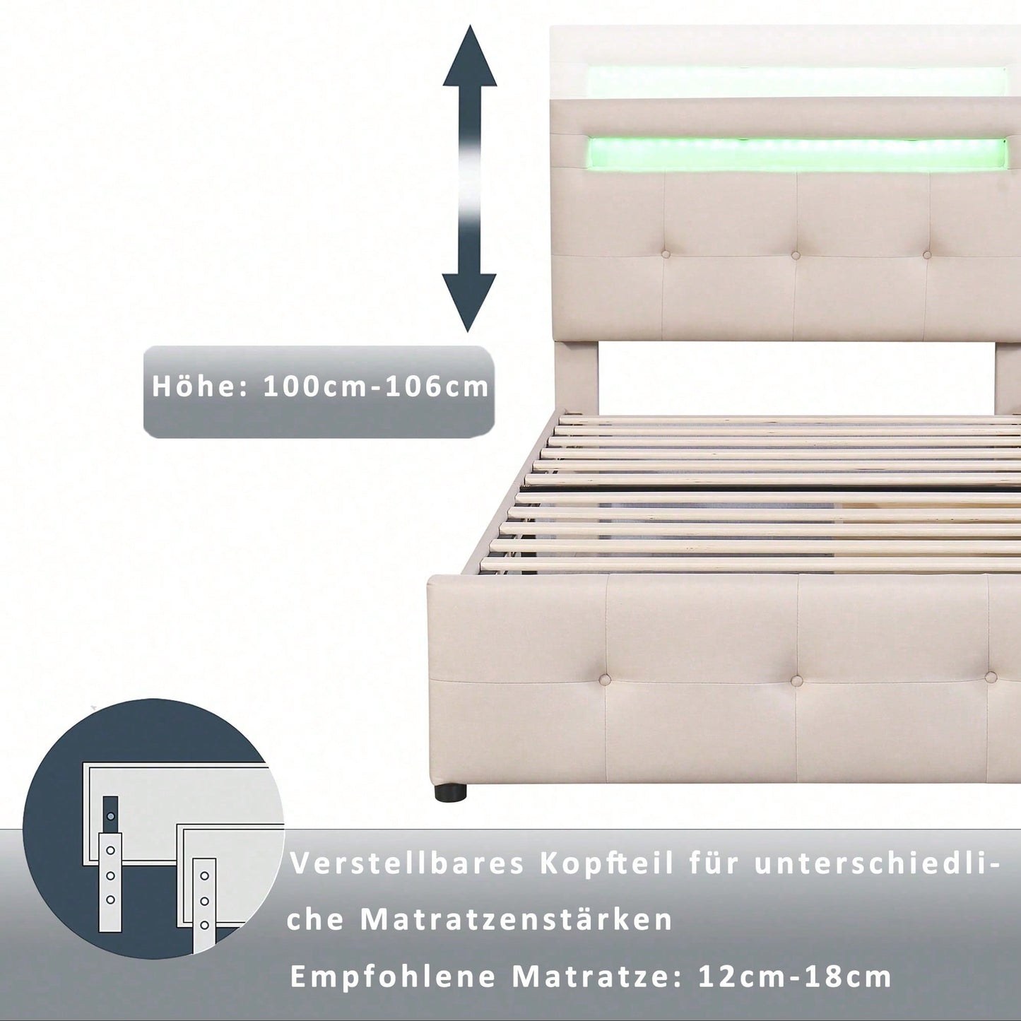 Polsterbett 90*200cm mit LED-Leuchten, 2 Schubladen, hautfreundlicher Leinenpolsterung flach Einzelbett Kinderbett Jugendbett Gästebett (Beige)