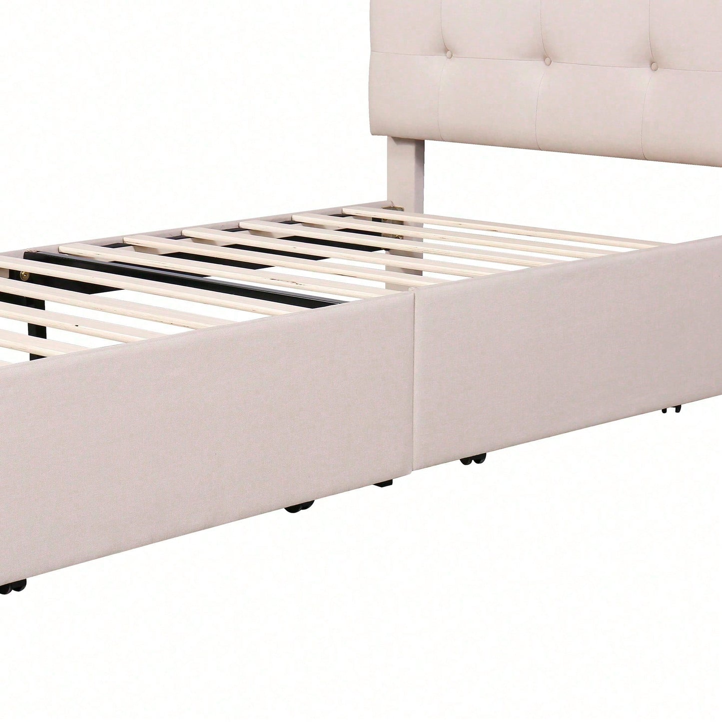 Polsterbett 90*200cm mit LED-Leuchten, 2 Schubladen, hautfreundlicher Leinenpolsterung flach Einzelbett Kinderbett Jugendbett Gästebett (Beige)