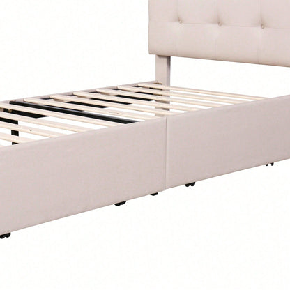 Polsterbett 90*200cm mit LED-Leuchten, 2 Schubladen, hautfreundlicher Leinenpolsterung flach Einzelbett Kinderbett Jugendbett Gästebett (Beige)