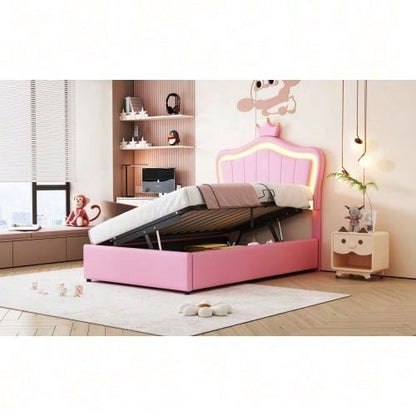 Polsterbett Kinderbett 90x200 cm, Mit Kronendesign, Mit LED-Beleuchtung, Hydraulisches Stauraumbett, Höhenverstellbares Kopfteil, Einzelhochboxbett mit Lattenrost, Kunstleder, Weiß